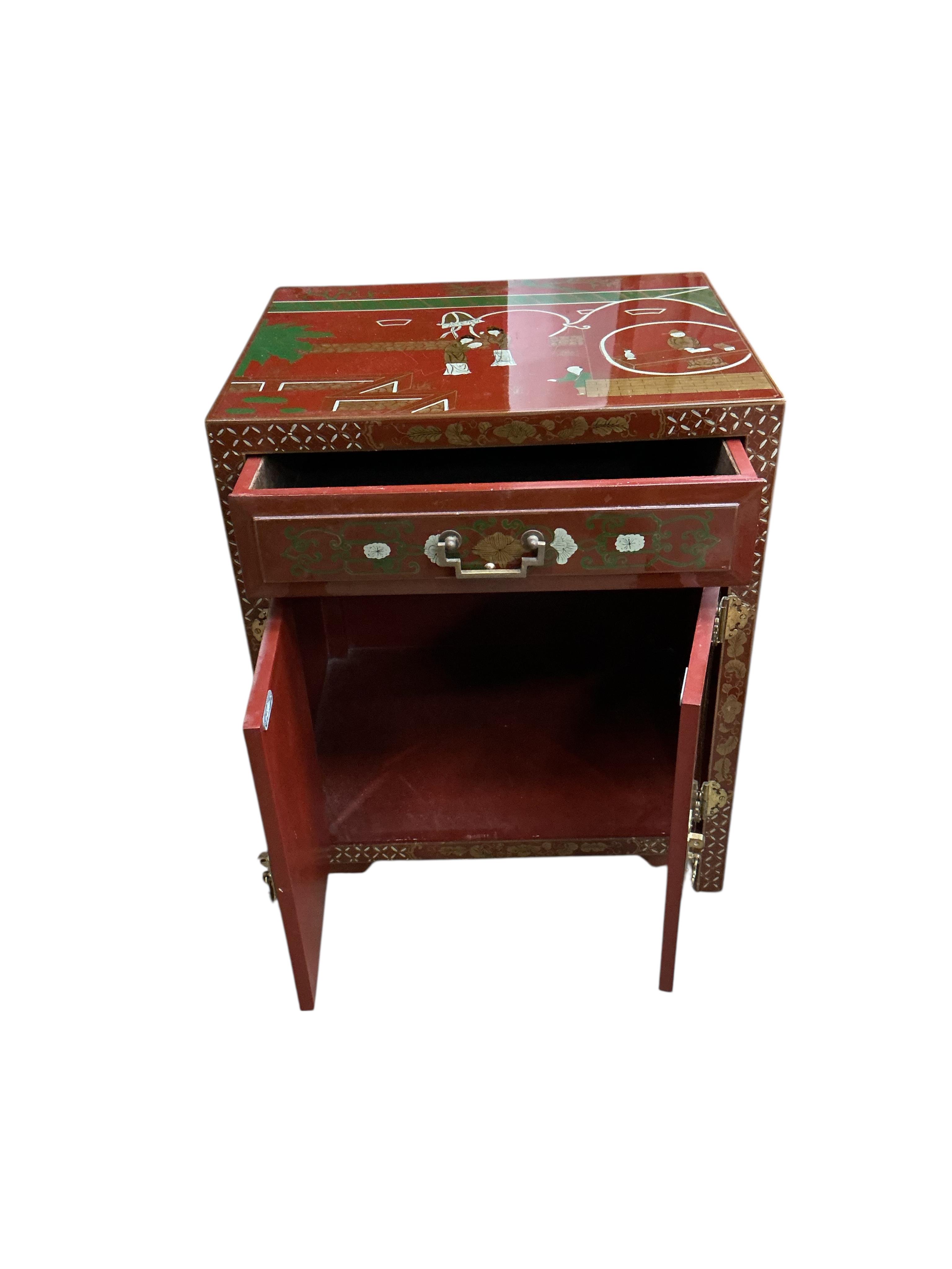 A pair of Chinese scarlet lacquer bedside chests, width 50cm, depth 40cm, height 61cm